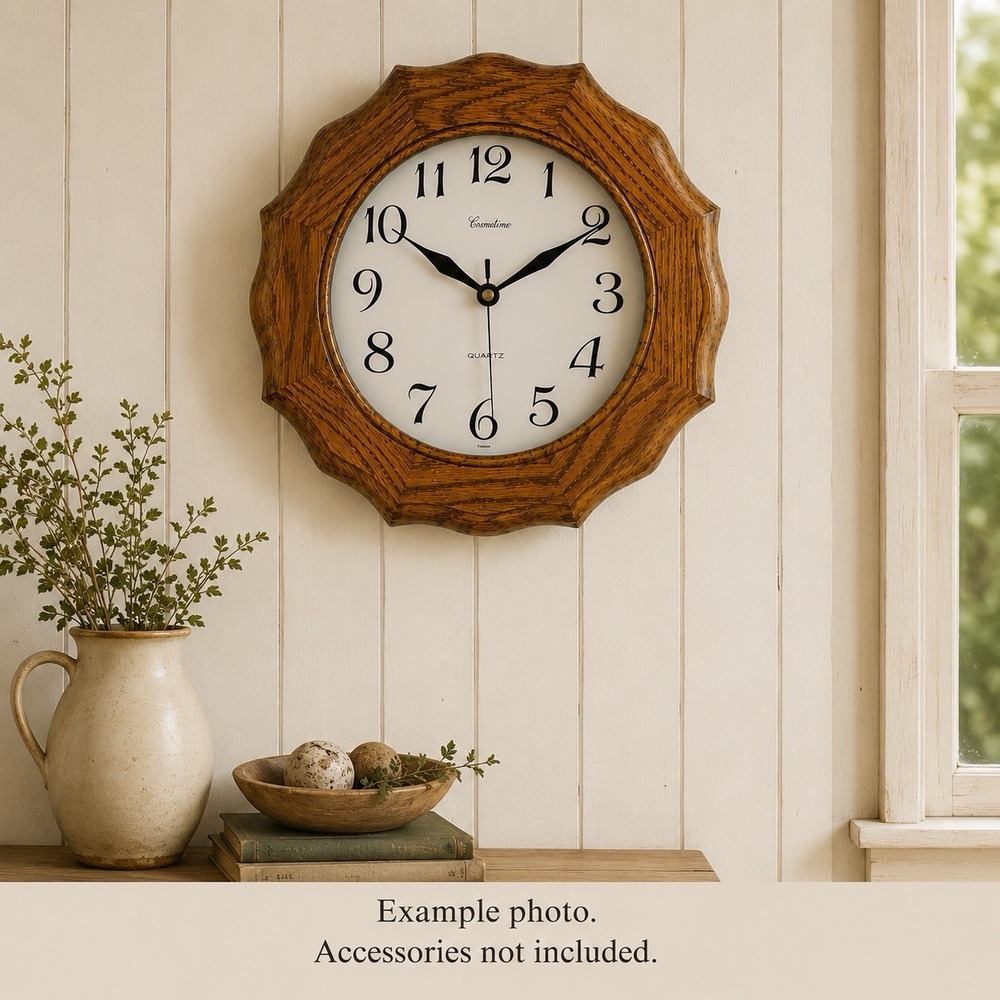Cosmotime Quartz Wall Clock Real Oak Scalloped Dovetail Cottage Country 12" VTG